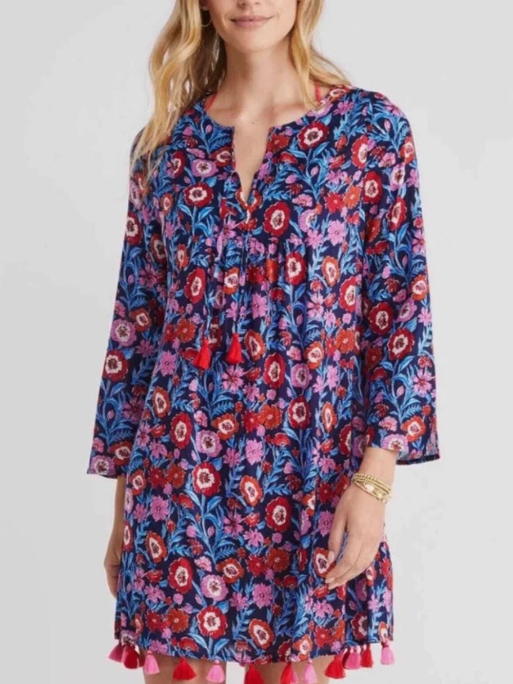 Vineyard Vines Tisbury Floral Tassel Dress Size L Purple Tunic V-neck